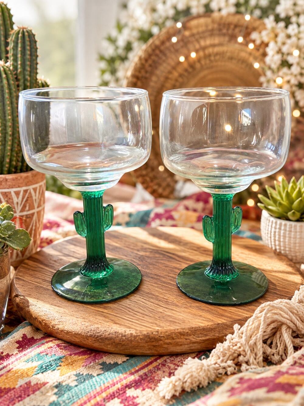 Vintage Cactus Stem Margarita Glasses Set of 2 Green Southwest Barware